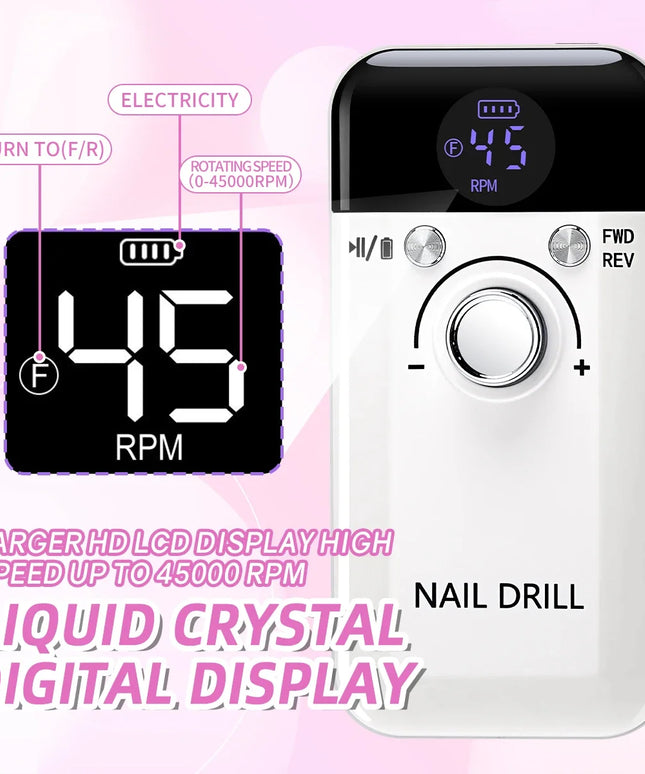 Professional Nail Drill Machine Set 45000RPM Rechargeable Portable Electric Nail File for Manicure Acrylic Gel Nails Salon Tools