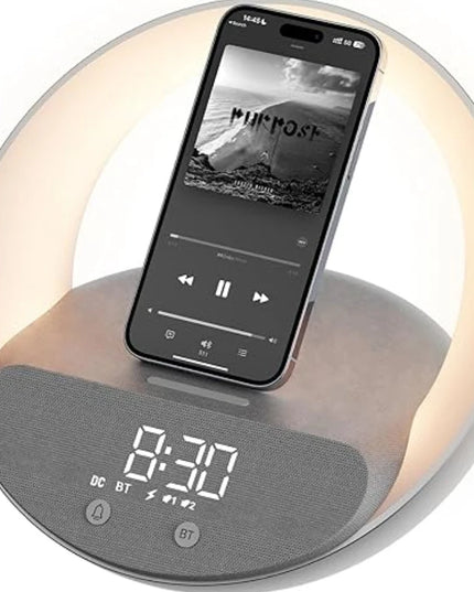 Colsur 15W Wireless Charger Bluetooth Speaker Alarm Clock, Sunrise Simulation Adjustable LED Night Light Alarm Clock Function