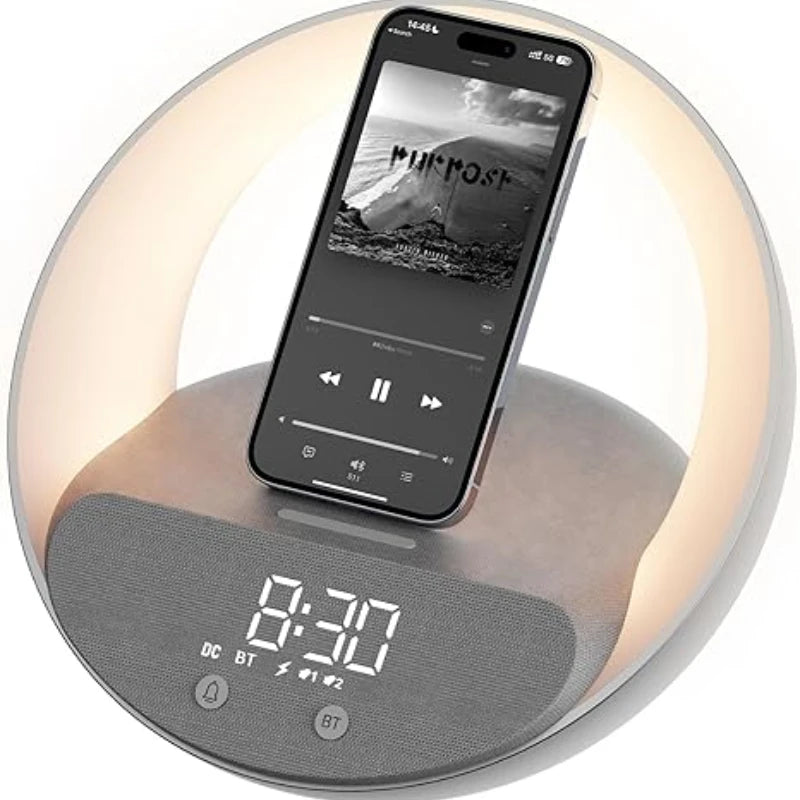 Colsur 15W Wireless Charger Bluetooth Speaker Alarm Clock, Sunrise Simulation Adjustable LED Night Light Alarm Clock Function