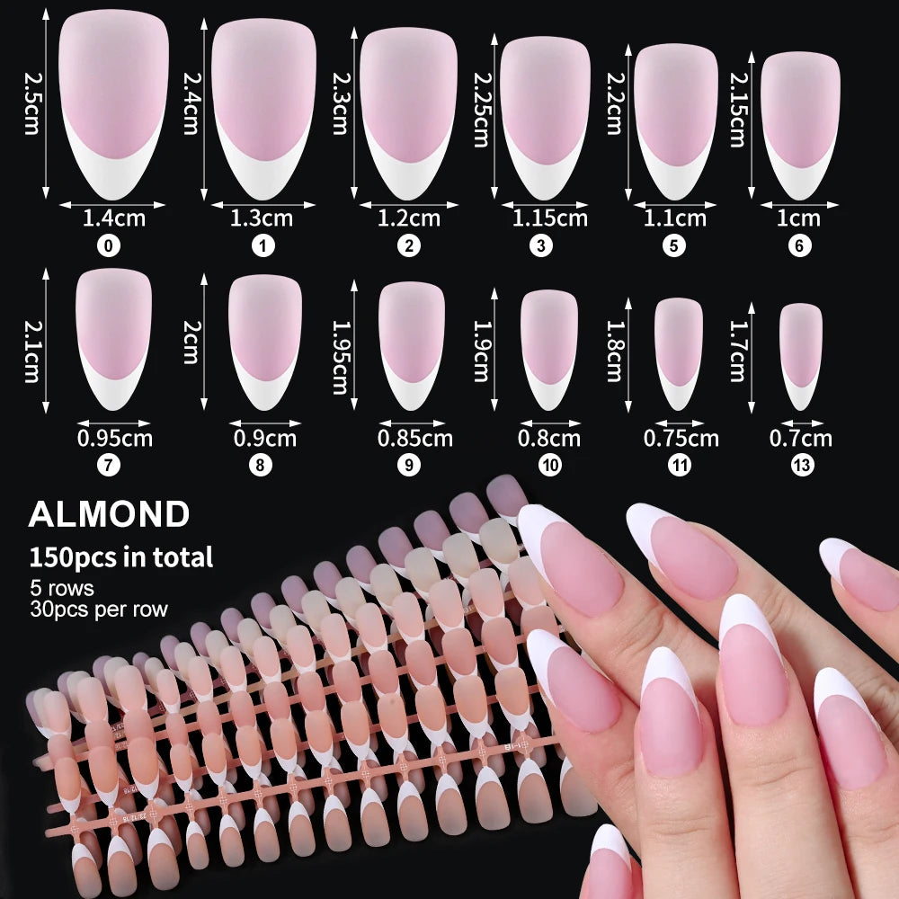 150Pcs Medium Almond French False Nails Matte Nude/Pink Soft Gel White French Press On Nails 0.75-2.6cm ABS Artificial Nail Tips