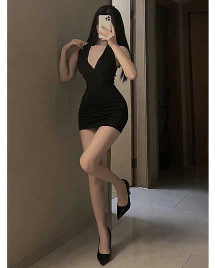 1Pc Erotic Dress Sexy Women Uniform V Neck Slim Backless Seductive One-piece Dress Nightclub Party Mini Dresses