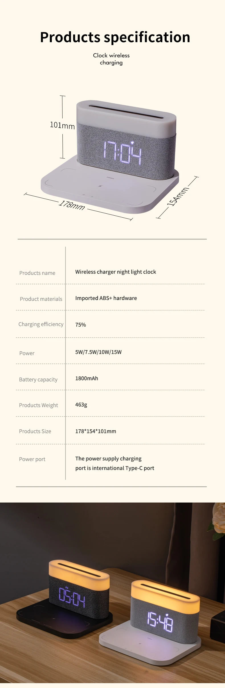 COLSUR LED Adjustable Night Light 15W Wireless Charge with Digital Alarm Clock Touch Bedside Lamp  Brightness Bedroom