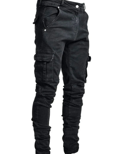 new Jeans Men Pants Wash Solid Color Multi Pockets Denim Mid Waist Cargo Jeans Plus Size Fahsion Casual Trousers Male Daily Wear