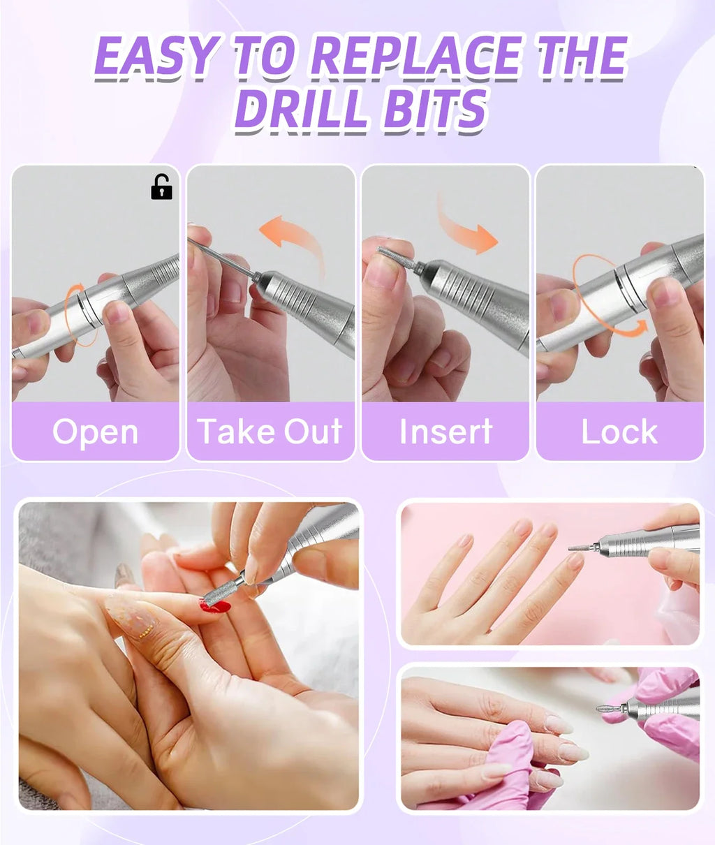 Professional Nail Drill Machine Set 45000RPM Rechargeable Portable Electric Nail File for Manicure Acrylic Gel Nails Salon Tools