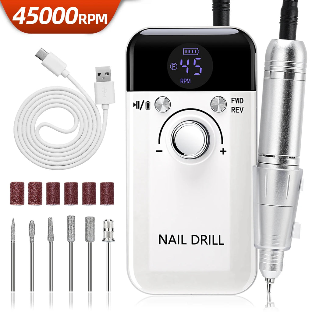Professional Nail Drill Machine Set 45000RPM Rechargeable Portable Electric Nail File for Manicure Acrylic Gel Nails Salon Tools