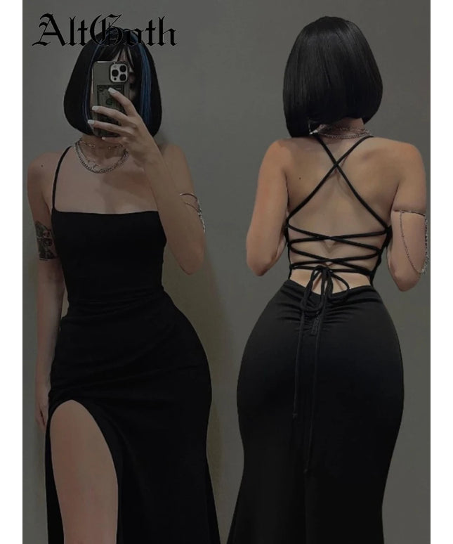AltGoth Coquette Elegant Party Dress Women Mall Goth Vintage Aesthetic Fairycore Grunge Backless Lace-up High Waist Halter Dress