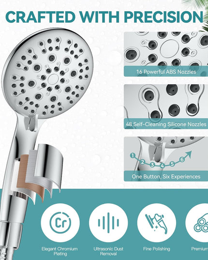 High Pressure Shower Head with Handheld,  6 Spray Settings Handheld Showerhead, 4.3" High Flow Rain Showerhead Set with 59" Stainless Steel Hose and Adjustable Bracket for Bathroom, Gym, Hotel