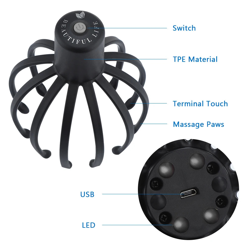 Electric Head Massager with Adjustable Settings, 12 TPE Massage Claws, USB Rechargeable Device