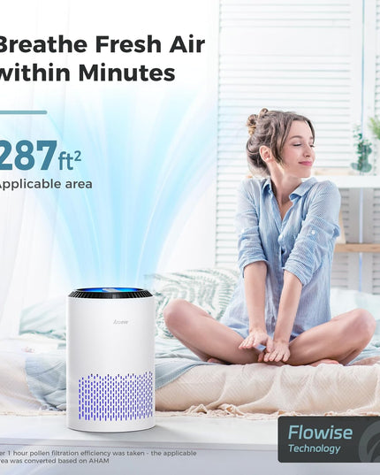 Air Purifiers for Bedroom Home, Air Purifier Air Cleaner for Smoke Pollen Dander Hair Smell Portable Air Purifier with Sleep Mode Speed Control for Bedroom Office Living Room, MK01- White