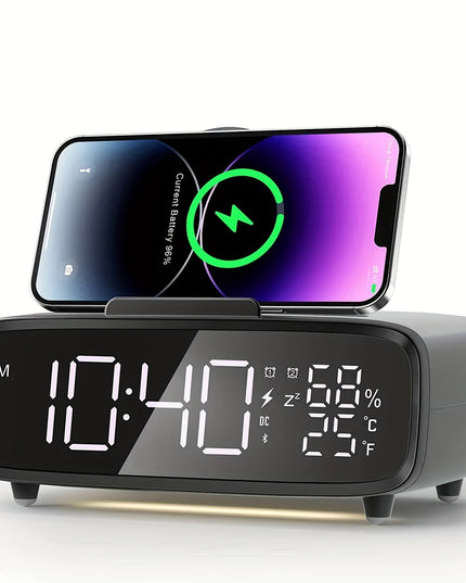 6-in-1 Alarm Clock With Wireless Charging, USB Charging Port, Night Light Wireless Speaker, 3-level Brightness Digital Clock Temperature, 12/24 Hours, Bedroom Snooze Alarm Clock