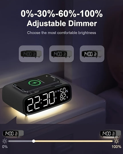 6-in-1 Alarm Clock With Wireless Charging, USB Charging Port, Night Light Wireless Speaker, 3-level Brightness Digital Clock Temperature, 12/24 Hours, Bedroom Snooze Alarm Clock