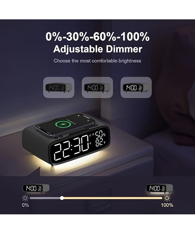 6-in-1 Alarm Clock With Wireless Charging, USB Charging Port, Night Light Wireless Speaker, 3-level Brightness Digital Clock Temperature, 12/24 Hours, Bedroom Snooze Alarm Clock