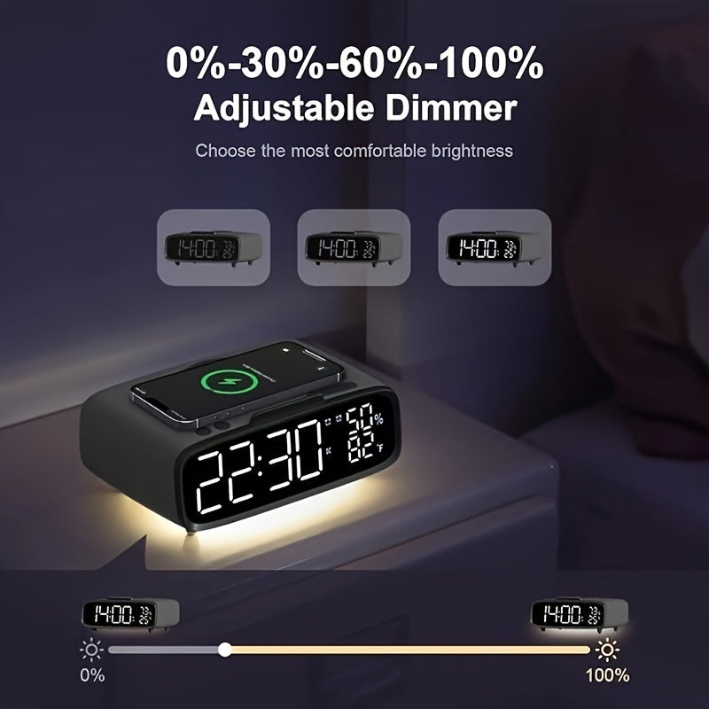 6-in-1 Alarm Clock With Wireless Charging, USB Charging Port, Night Light Wireless Speaker, 3-level Brightness Digital Clock Temperature, 12/24 Hours, Bedroom Snooze Alarm Clock