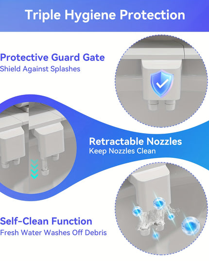 Bidet Attachment for Toilet with Hot and Cold Sprayer, Rear and Female Wash, Self-Clean Dual Nozzles, Adjustable Water Temperature and Pressure, Easy Installation, Non-electric Hygienic Toilet Accessories, Compatible with Mos