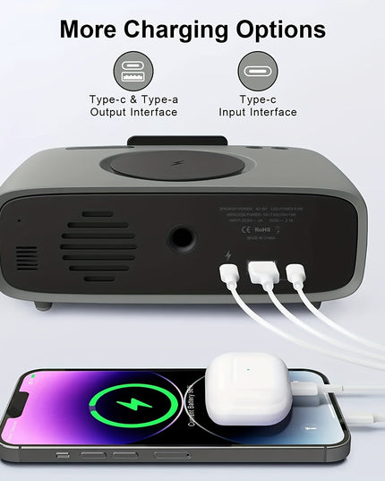 6-in-1 Alarm Clock With Wireless Charging, USB Charging Port, Night Light Wireless Speaker, 3-level Brightness Digital Clock Temperature, 12/24 Hours, Bedroom Snooze Alarm Clock