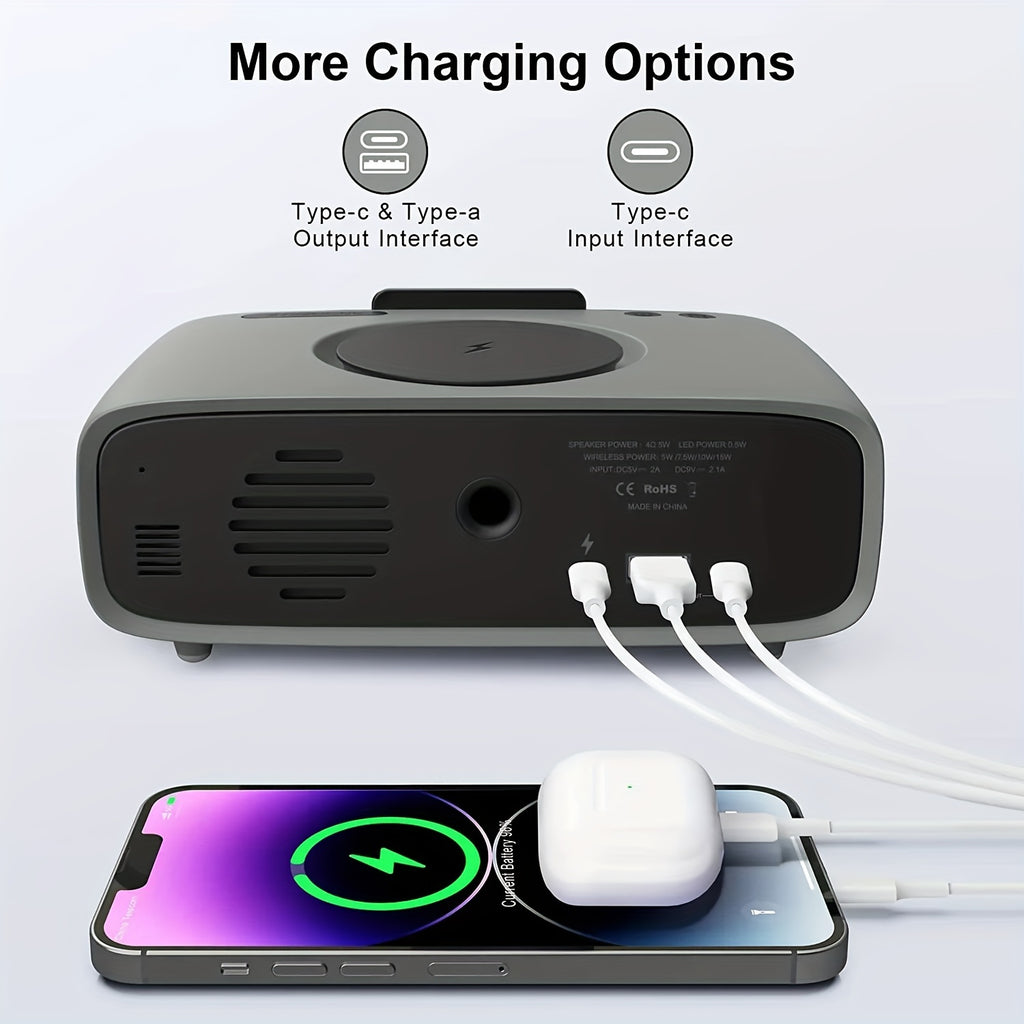 6-in-1 Alarm Clock With Wireless Charging, USB Charging Port, Night Light Wireless Speaker, 3-level Brightness Digital Clock Temperature, 12/24 Hours, Bedroom Snooze Alarm Clock