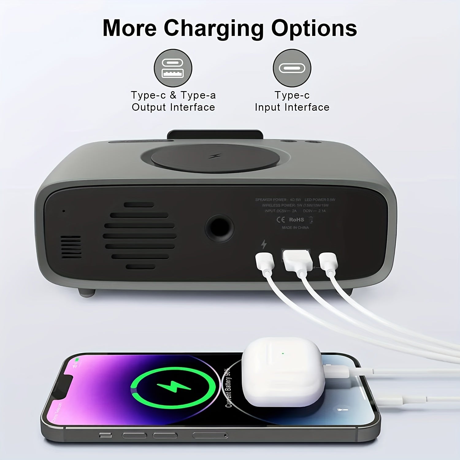 6-in-1 Alarm Clock With Wireless Charging, USB Charging Port, Night Light Wireless Speaker, 3-level Brightness Digital Clock Temperature, 12/24 Hours, Bedroom Snooze Alarm Clock