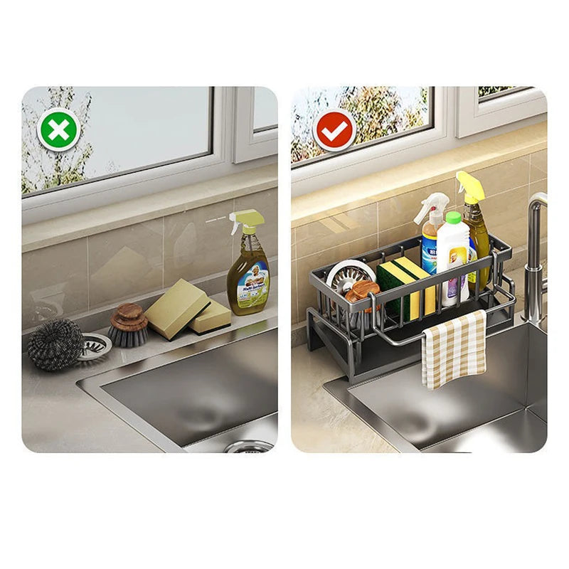 Kitchen Sink Drain Rack Organizer ABS Plastic Self-Draining Sink Shelf Soap Sponge Holder Dishcloth Towel Rack Filter Basket