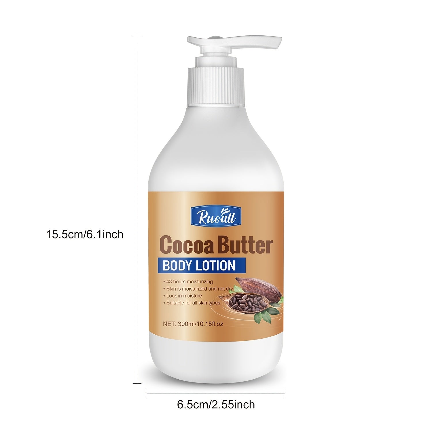 RUOALL Cocoa Butter Body Lotion 300ml - Moisturizing Formula with Glycerin, Vitamin C, Lavender Scent - Alcohol-Free, Unisex-Adult, All Skin Types - Long-Lasting Hydration, Skin Tightening, Even Skin Tone - 15.1 oz