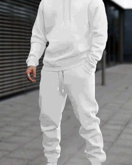 Men's 2pcs White Hoodie & Jogger Set - Casual Solid Color, Knit Polyester, with Pockets | Perfect for Fall/Winter Sports & Leisure