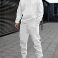 Men's 2pcs White Hoodie & Jogger Set - Casual Solid Color, Knit Polyester, with Pockets | Perfect for Fall/Winter Sports & Leisure