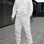 Men's 2pcs White Hoodie & Jogger Set - Casual Solid Color, Knit Polyester, with Pockets | Perfect for Fall/Winter Sports & Leisure