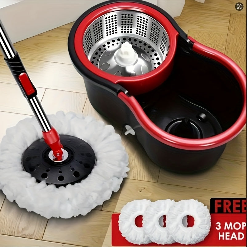 Mop Bucket Set, Rotating Mop And Bucket And Squeezer Set, 360 ° Rotating Mop Bucket System, with 3 Ultra-fine Fiber Mop Replacement Heads And 61 Inch Stainless Steel Adjustable Handle, Suitable for Store Floor Cleaning, Chri