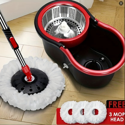 Mop Bucket Set, Rotating Mop And Bucket And Squeezer Set, 360 ° Rotating Mop Bucket System, with 3 Ultra-fine Fiber Mop Replacement Heads And 61 Inch Stainless Steel Adjustable Handle, Suitable for Store Floor Cleaning, Chri