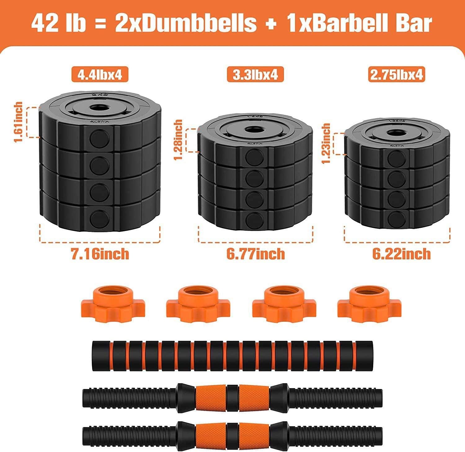 BOSWELL Adjustable Weights Dumbbells Set, 44Lbs 2 in 1 Weights Barbell Dumbbells Non-Slip Neoprene Hand with Connecting Rod for Adults Women Men Fitness,Home Gym Exercise Training Equipment YA018