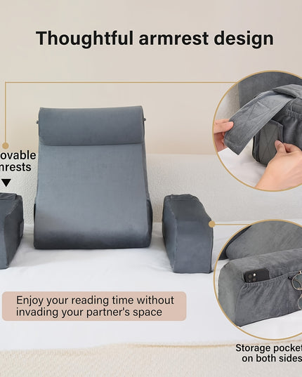 1pc Grey Reading Pillow, Soft Compressible Back Support with Arms, Machine Washable, Knitted Polyester Cover, Full Body Comfort for Bed, Chair, TV, Gaming - Adult Backrest Pillow