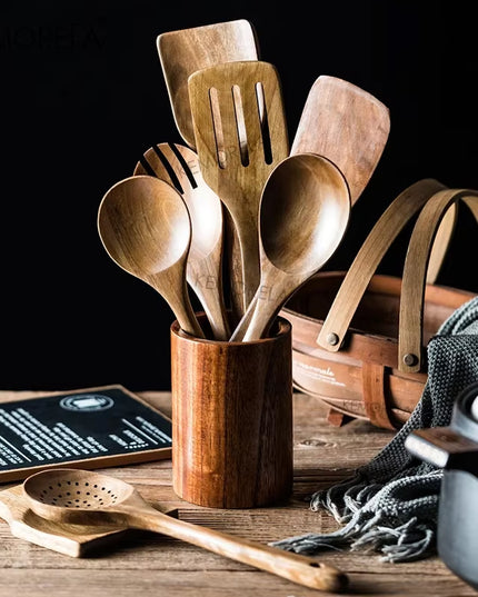 4/7/9PCS Wooden Spoons for Cooking Wooden Utensils for Cooking with Utensils Holder Teak Wooden Kitchen Utensils Set