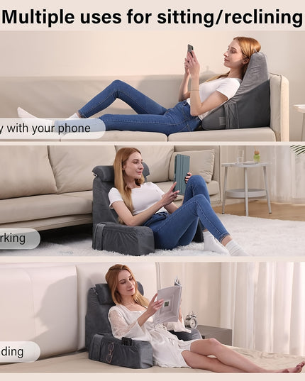 1pc Grey Reading Pillow, Soft Compressible Back Support with Arms, Machine Washable, Knitted Polyester Cover, Full Body Comfort for Bed, Chair, TV, Gaming - Adult Backrest Pillow