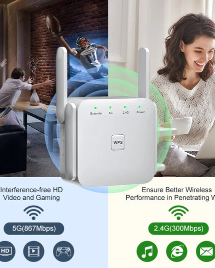 5Ghz WiFi Repeater AC1200 Wi-Fi Booster WiFi Extender Amplifier 2.4G/5GHz Wi-Fi Signal Booster Long Range Network Access Point