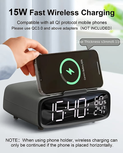 6-in-1 Alarm Clock With Wireless Charging, USB Charging Port, Night Light Wireless Speaker, 3-level Brightness Digital Clock Temperature, 12/24 Hours, Bedroom Snooze Alarm Clock