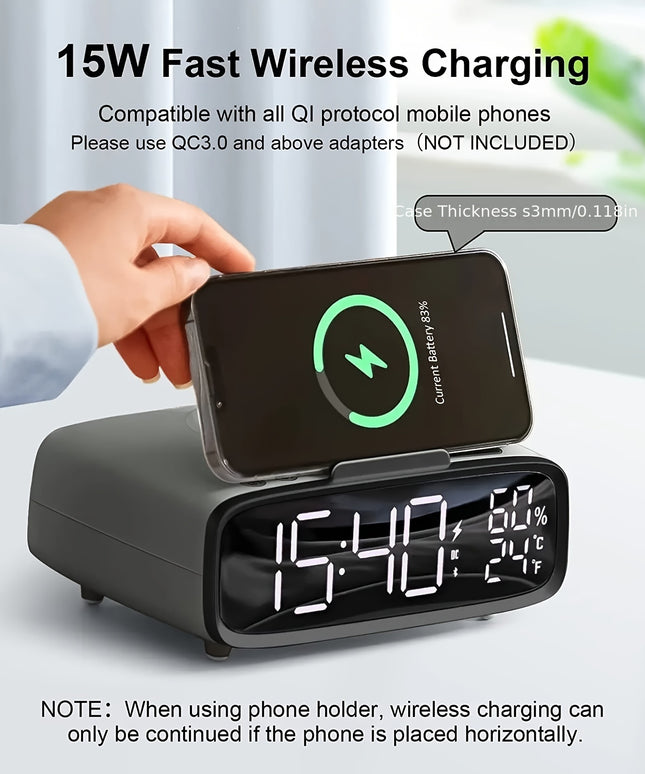 6-in-1 Alarm Clock With Wireless Charging, USB Charging Port, Night Light Wireless Speaker, 3-level Brightness Digital Clock Temperature, 12/24 Hours, Bedroom Snooze Alarm Clock