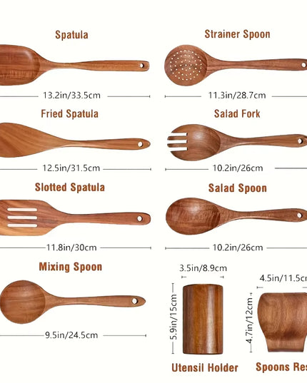 4/7/9PCS Wooden Spoons for Cooking Wooden Utensils for Cooking with Utensils Holder Teak Wooden Kitchen Utensils Set