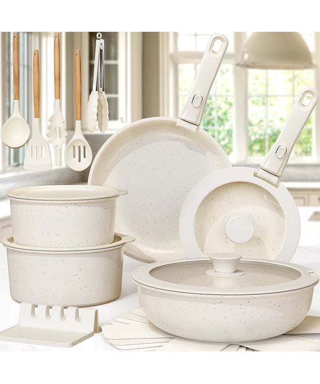 21-Piece Non-Stick Ceramic Cookware Set with Sensor Handles in Milky White