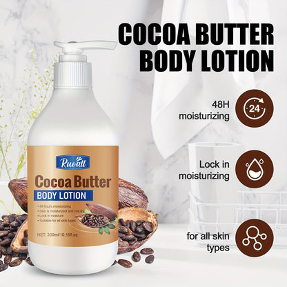 RUOALL Cocoa Butter Body Lotion 300ml - Moisturizing Formula with Glycerin, Vitamin C, Lavender Scent - Alcohol-Free, Unisex-Adult, All Skin Types - Long-Lasting Hydration, Skin Tightening, Even Skin Tone - 15.1 oz