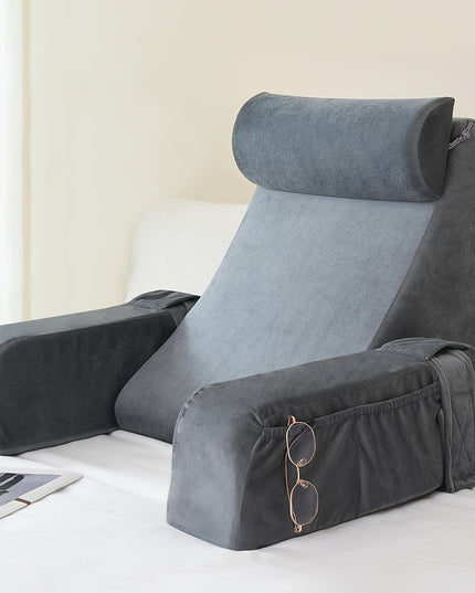 1pc Grey Reading Pillow, Soft Compressible Back Support with Arms, Machine Washable, Knitted Polyester Cover, Full Body Comfort for Bed, Chair, TV, Gaming - Adult Backrest Pillow