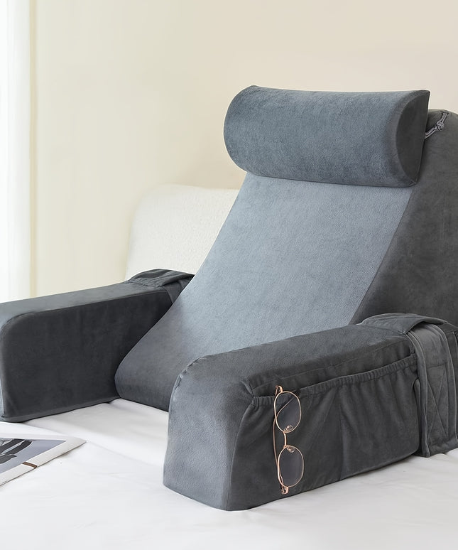 1pc Grey Reading Pillow, Soft Compressible Back Support with Arms, Machine Washable, Knitted Polyester Cover, Full Body Comfort for Bed, Chair, TV, Gaming - Adult Backrest Pillow