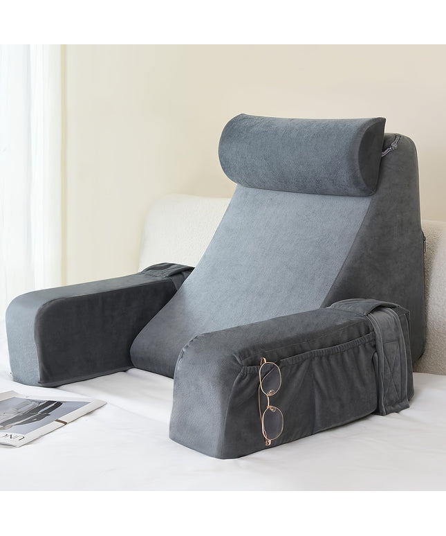1pc Grey Reading Pillow, Soft Compressible Back Support with Arms, Machine Washable, Knitted Polyester Cover, Full Body Comfort for Bed, Chair, TV, Gaming - Adult Backrest Pillow