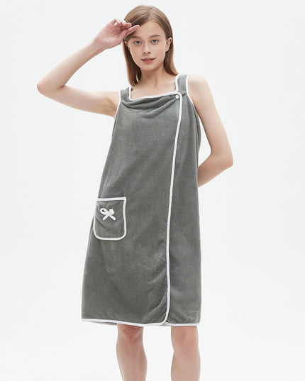 1pc Ultra-Soft Coral Velvet Bath Towel Skirt with Bowknot Design - Quick Dry, No Hair Loss, One Size Fits Most (5'2"-5'74", 132lbs-176lbs), Grey with White Pockets & Ties