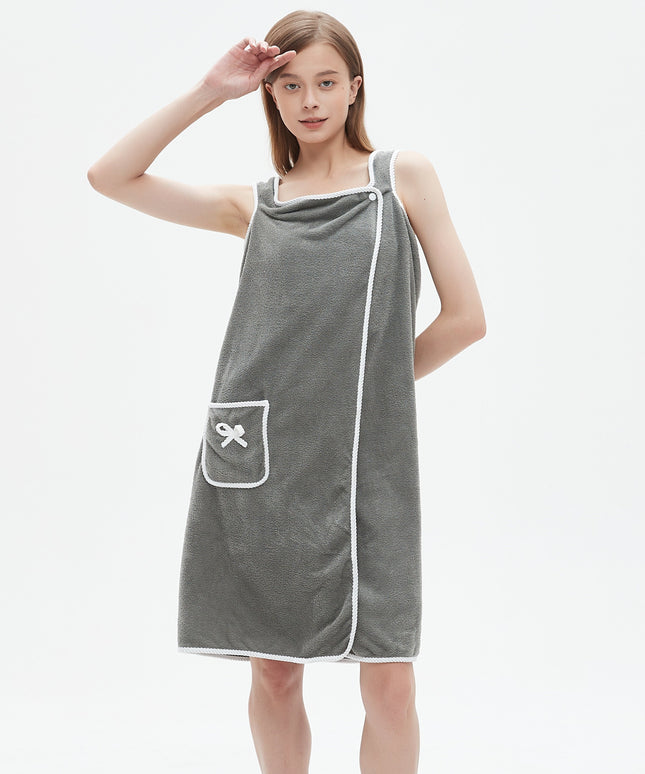 1pc Ultra-Soft Coral Velvet Bath Towel Skirt with Bowknot Design - Quick Dry, No Hair Loss, One Size Fits Most (5'2"-5'74", 132lbs-176lbs), Grey with White Pockets & Ties