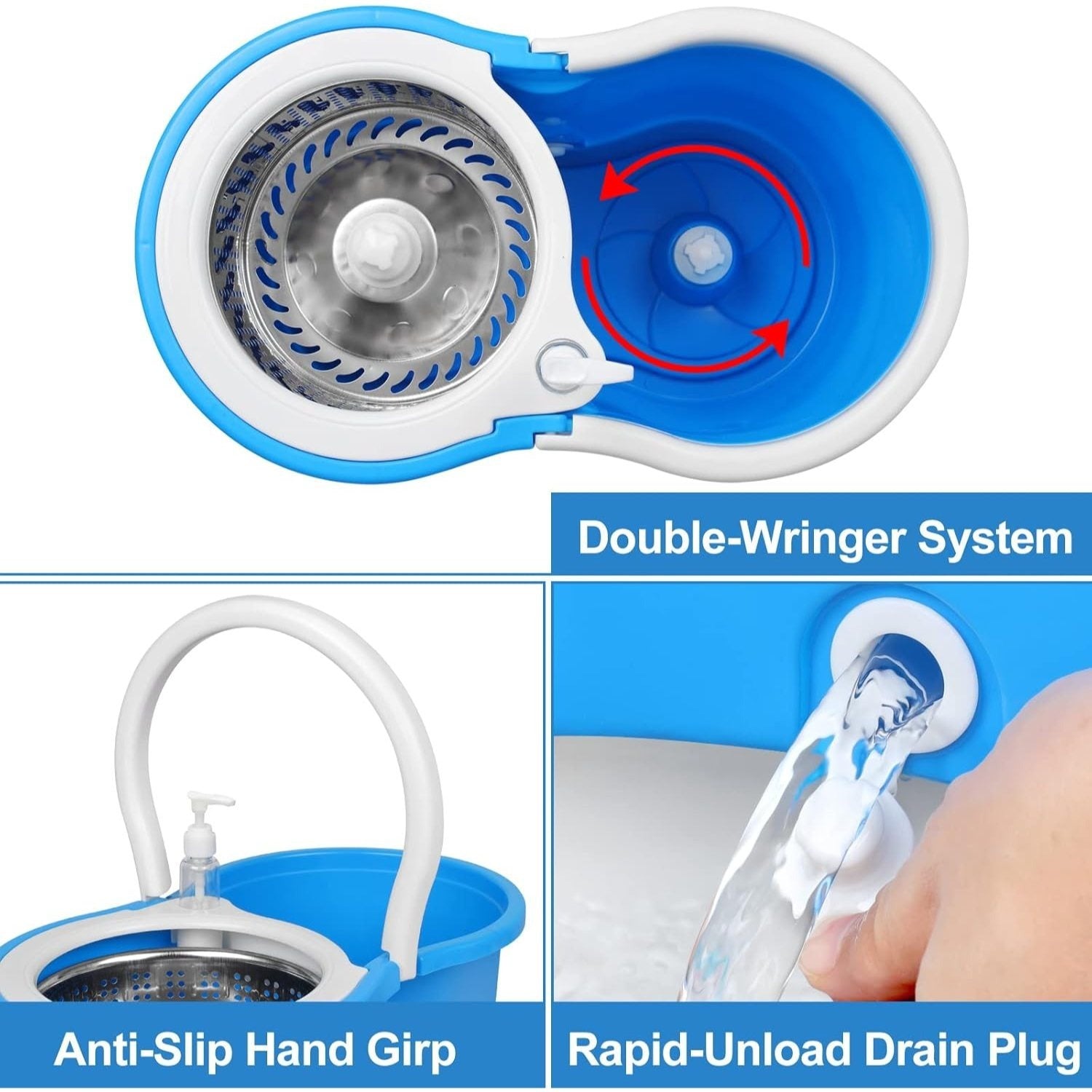 Mop and Bucket Set, 360° Spin Mop and Bucket with Wringer Set and 4 Microfiber Mop Refills, Stainless Steel, Extended Handle Spinning Mop Bucket System for Floor Cleaning