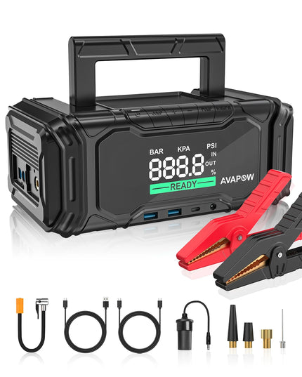 AVAPOW 3000A Car Battery Jump Starter with 150PSI Air Compressor, 12V Portable for 10L Gas/Diesel Engines