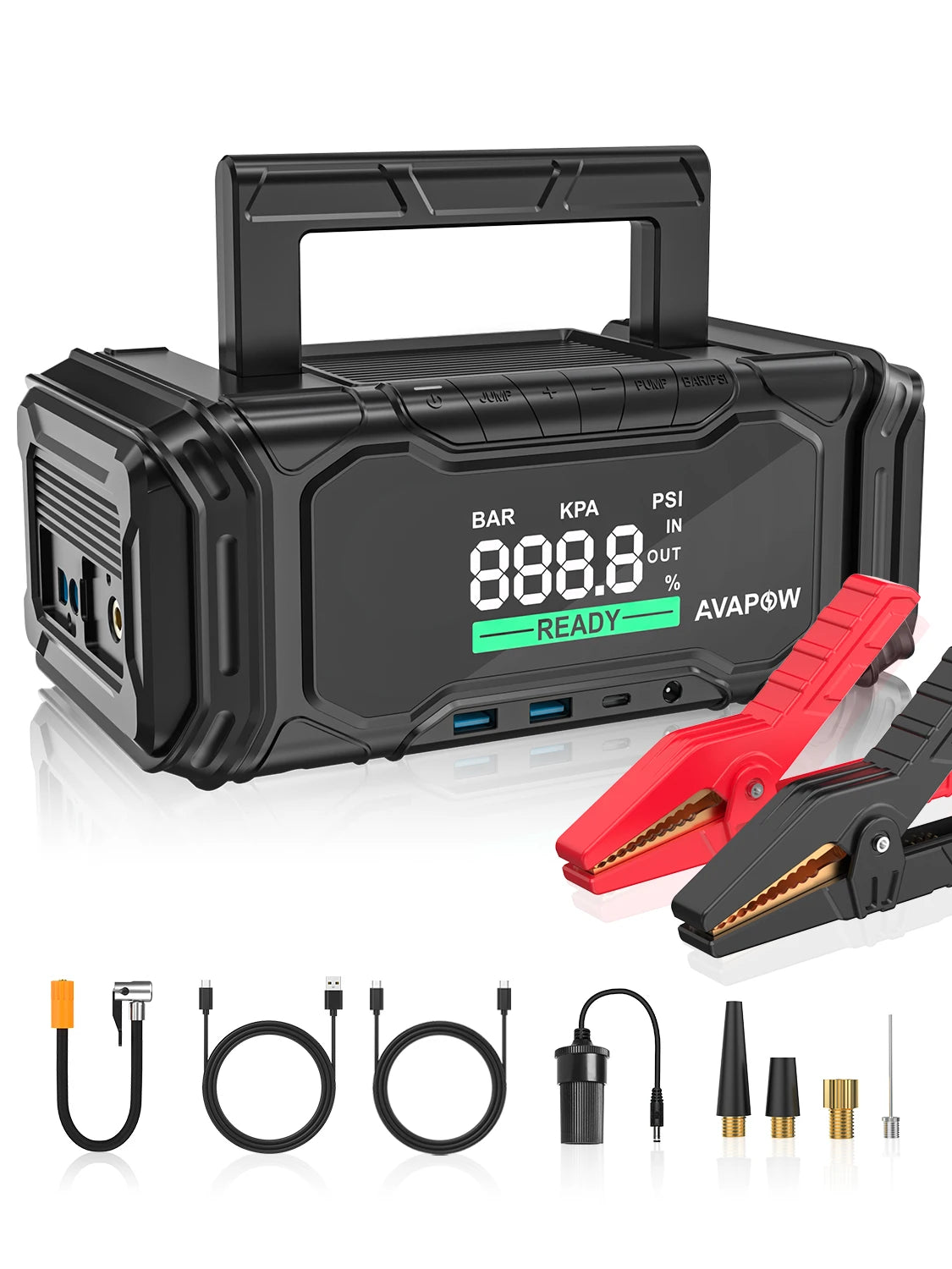 AVAPOW 3000A Car Battery Jump Starter with 150PSI Air Compressor, 12V Portable for 10L Gas/Diesel Engines