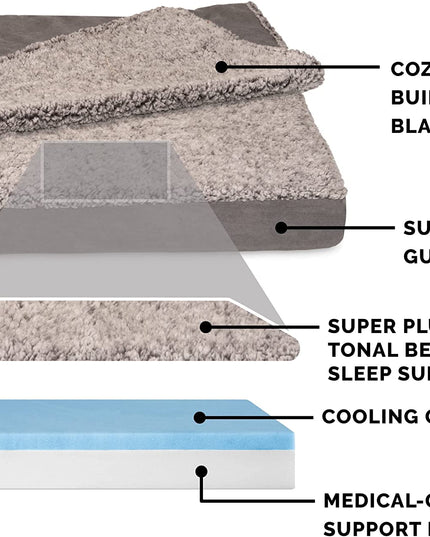 Cooling Gel Dog Bed for Large Dogs W/ Removable Washable Cover, for Dogs up to 95 Lbs - Berber & Suede Blanket Top Mattress - Gray, Jumbo/Xl