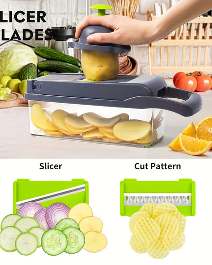 13-in-1 Multifunctional Vegetable Chopper and Slicer with 8 Stainless Steel Blades, Detachable Plastic Body, Includes Storage Container - Ideal for Onions, Carrots, Garlic - Gray, valentines gifts for men