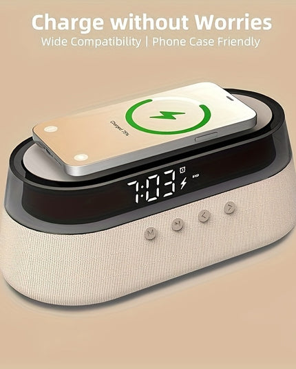 Fast 15W Wireless Charging Digital Alarm Clock Radio - 6 In 1 Bedside Clock With Dual Alarm, FM Radio, 12/24H USB Charger, Countdown Timer, RGB Mode, Wireless Speaker