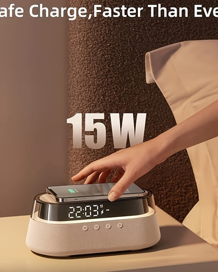 Fast 15W Wireless Charging Digital Alarm Clock Radio - 6 In 1 Bedside Clock With Dual Alarm, FM Radio, 12/24H USB Charger, Countdown Timer, RGB Mode, Wireless Speaker